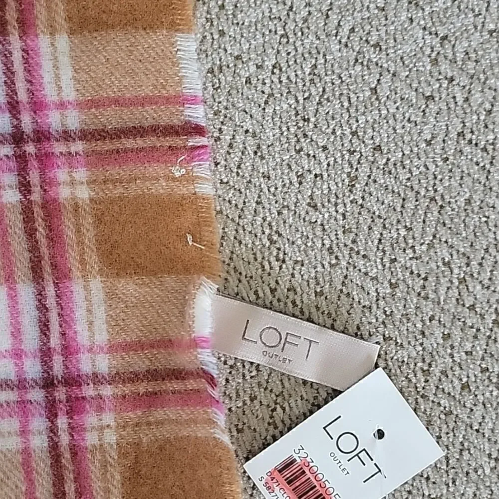 LOFT Outlet Plaid Cream Caramel Brown Pink Maroon Fringed Hem Winter Scarf